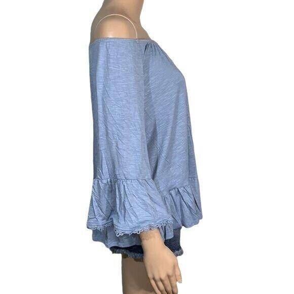 Style and Co Womens Peasant Top Blouse Off Shoulder Bell Sleeve Blue Small - Picture 4 of 11